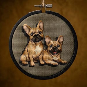 May include: Cross-stitch embroidery of two French Bulldogs in a black hoop. The dogs are depicted in shades of brown and black against a muted green background. The embroidery is suspended by a natural twine.