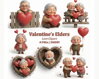 Valentine’s Day elders clipart, eternal love senior couple, grandma and grandpa PNG set