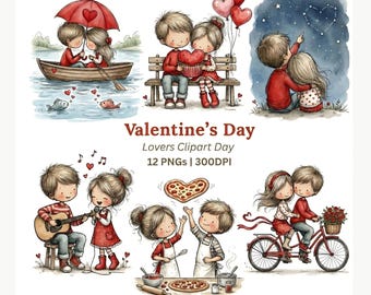 Valentine kids bundle clipart, boy and girl couples, baking cookies, painting hearts, flying kites