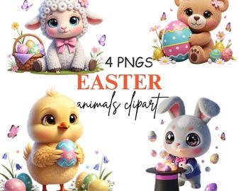 3D Easter Animals Clipart PNG | Magician Bunny, Lamb, Chick, Teddy Bear (4 Files)