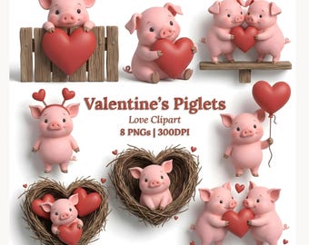 Valentine’s Day piglet clipart, bundle romantic pink pigs with hearts PNG set