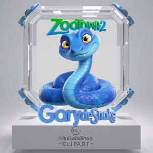 May include: A blue cartoon snake figure from Zootopia 2, named Gary de Snake, presented in a clear, geometric case. The snake has yellow eyes and is coiled. The base has the text "MiniLabsShop - CLIPART-".