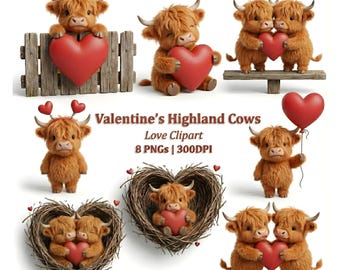 Valentine’s Day Highland cow bundle, romantic Scottish cattle clipart with hearts sublimation PNG