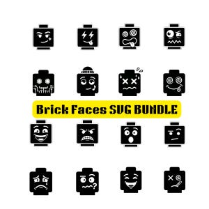 May include: A collection of black and white brick faces with various expressions, including happy, angry, and confused. The text "Brick Faces SVG Bundle" is displayed in yellow and black.