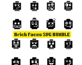 May include: A collection of black and white brick faces with various expressions, including happy, angry, and confused. The text "Brick Faces SVG Bundle" is displayed in yellow and black.