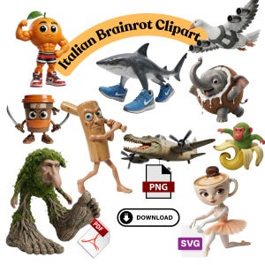 May include: A selection of quirky cartoon characters, such as an orange bodybuilder, a shark, a coffee cup ninja, and a baseball bat man. The image includes the text "Italian Brainrot Clipart."