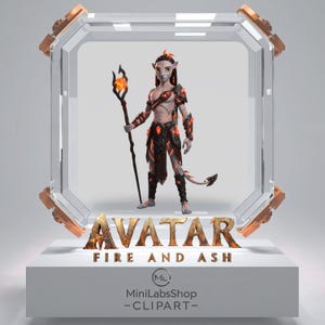 May include: A detailed figurine of a character from "Avatar: Fire and Ash" displayed in a clear case. The figure is a Na'vi with orange and black armor, holding a staff with a glowing orb. The base features the movie title in gold lettering.
