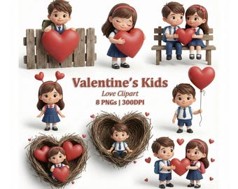 Valentine’s Day kids bundle, school boy girl clipart with hearts sublimation PNG