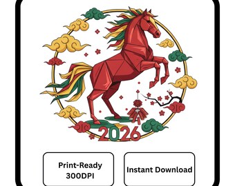 2026 Year of the Horse PNG - Origami Zen Garden - Lunar New Year DTF Sublimation