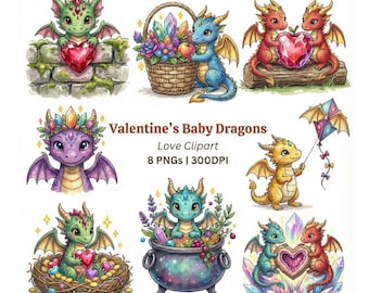 Valentine’s Day baby dragon bundle, romantic fantasy creature clipart hearts crystal sublimation PNG set