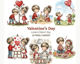 Valentine kids clipart, boy and girl couples in love, watercolor PNG set for shirts