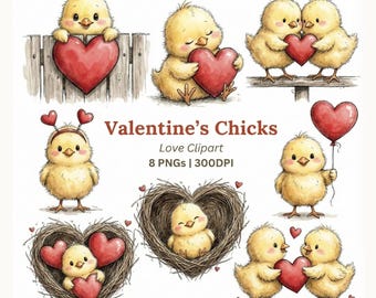 Valentine chicks clipart, love birds with hearts, bundle for cards, mugs and nursery decor