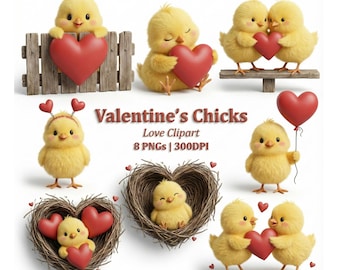 Valentine’s Day chick clipart, romantic bundle yellow chickens with hearts PNG set
