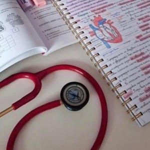 May include: A red stethoscope lies next to an open spiral-bound notebook containing handwritten notes and a colored drawing of a human heart. Two pastel-colored Stabilo Boss highlighters are placed at the top of the open textbook.