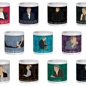 May include: Set of 10 white ceramic mugs with colourful designs and quotes from the TV show Sherlock. Each mug features a different quote and a silhouette of the character Sherlock Holmes.