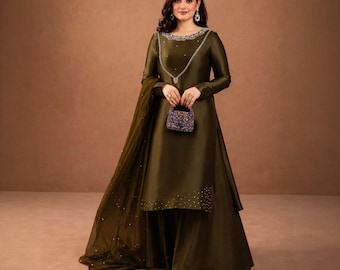 Traje de pijama Dhaka verde oliva, vestido pakistaní de seda shisha, salwar kameez de 3 piezas, atuendo de invitada para boda india, ropa para Eid