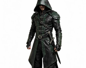 Genuine Leather Hooded Assassin Coat – Medieval Fantasy Warrior Jacket – LARP & Halloween Cosplay Costume Coat