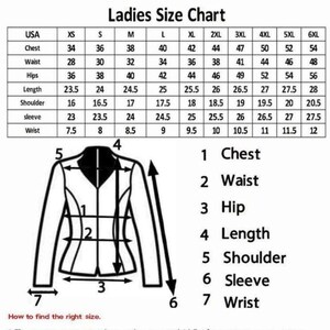 Puede incluir: Tabla de tallas para mujer con medidas en cent&iacute;metros para pecho, cintura, caderas, largo, hombro, manga y mu&ntilde;eca. La tabla incluye tallas de XS a 6XL. Un diagrama de una chaqueta ilustra d&oacute;nde medir.