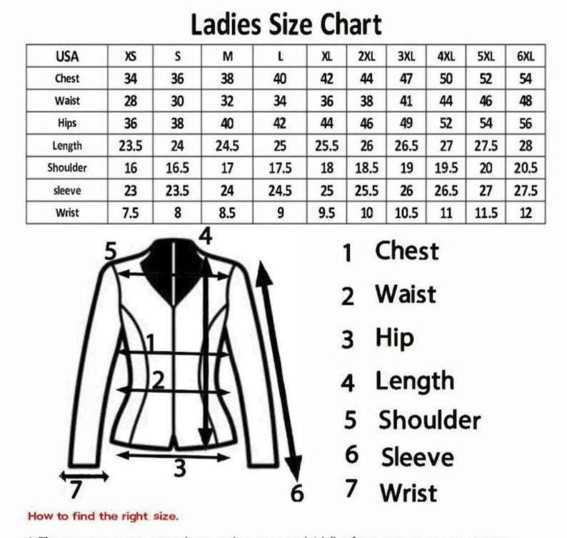 Puede incluir: Tabla de tallas para mujer con medidas en cent&iacute;metros para pecho, cintura, caderas, largo, hombro, manga y mu&ntilde;eca. La tabla incluye tallas de XS a 6XL. Un diagrama de una chaqueta ilustra d&oacute;nde medir.