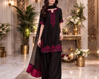 Traje Farshi Salwar de 3 piezas de seda cruda / Salwar Kameez de diseñador indio pakistaní / Traje de invitada de boda bordado / Vestido festivo de lujo