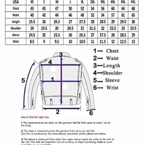May include: A size chart labeled "Gents Size Chart" with measurements in inches for chest, waist, length, shoulder, sleeve, and wrist. A diagram illustrates how to measure a jacket for accurate sizing. Includes size conversion.