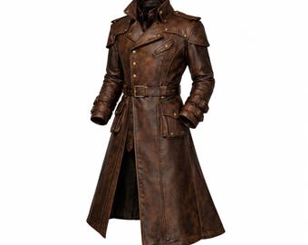 Men’s Steampunk Gothic Leather Trench Coat – Handmade Long Distressed Duster Cosplay Outfit
