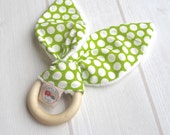 Natural Wooden Teething Ring Soother ORGANIC Dottie Cream Grass & Unbleached Bamboo Terry....an eco friendly gift idea from Cwtch Bugs