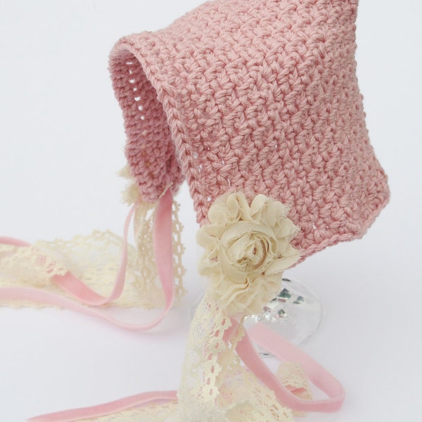 Hand Crocheted Newborn Pixie Bonnet in Pink & Cream, vintage style, shabby chic  - Great PHOTO PROP idea from Cwtch Bugs - UK Seller