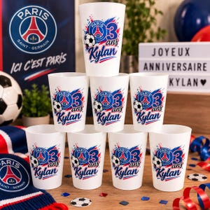 Personalized children's birthday sticker cup with PSG football theme, name and age