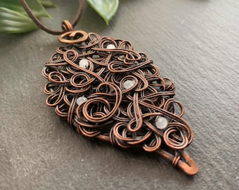 Beaded Copper Leaf Necklace on Adjustable Cotton Cord - Forest Witch Necklace - Enchanted Forest Witch Aesthetic - Wiccan Necklace