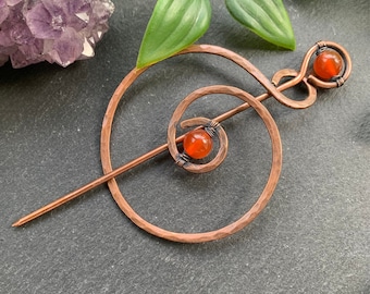 Celtic Shawl Pin - Large Two Piece Copper Spiral Scarf Pin Brooch for Knitwear - Versatile Hammered Metal Hair Stick Pin