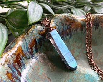 Blue Aura Quartz Raw Crystal Necklace ~ Genuine Copper  Crystal Jewellery ~ Spiritual Crystal Jewelry ~ Raw Crystal Pendant