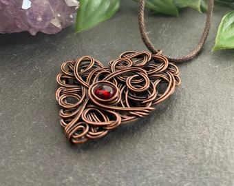 Copper Heart Pendant with Red Focal~ Copper Jewellery for 7th Anniversary Gift ~ Wire Wrapped Necklace ~ Gift for Wife