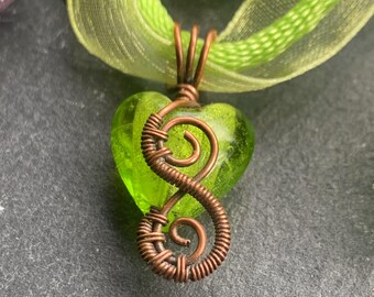 Little Heart Necklace - Lime Green Glass and Copper Wire Wrap Heart Pendant on 20inch Ribbon Necklace, Small Witchy Boho Love Heart Necklace