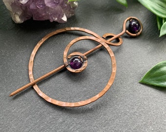 Celtic Shawl Pin - Large Two Piece Copper Spiral Scarf Pin Brooch for Knitwear - Versatile Hammered Metal Hair Stick Pin