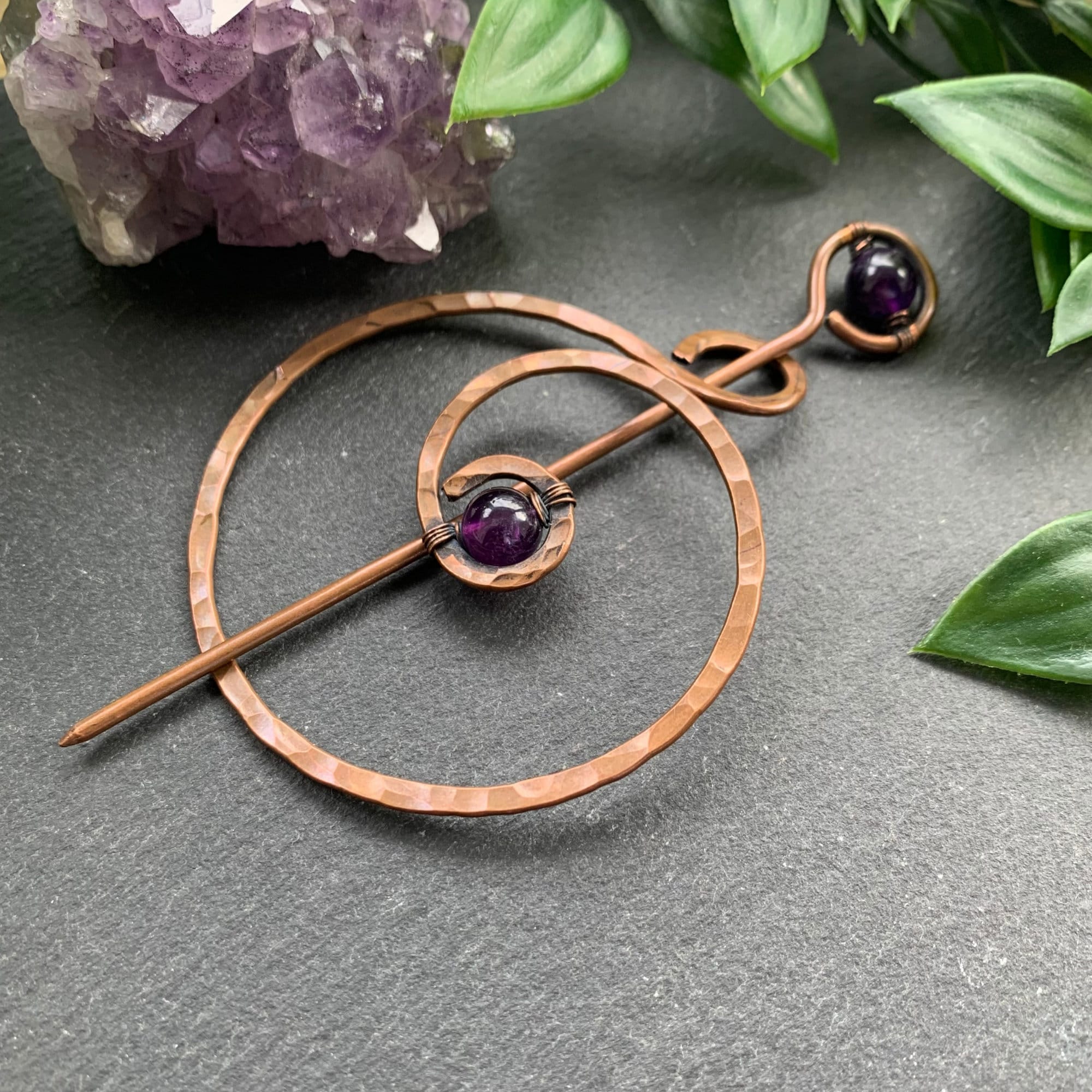 Celtic Shawl Pin - Large Two Piece Copper Spiral Scarf Pin Brooch for Knitwear - Versatile Hammered Metal Hair Stick Pin