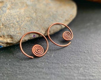 Small Sleeper Earrings - Celtic Spiral Copper Hoop Earrings - Minimalist Open Hoop Earrings