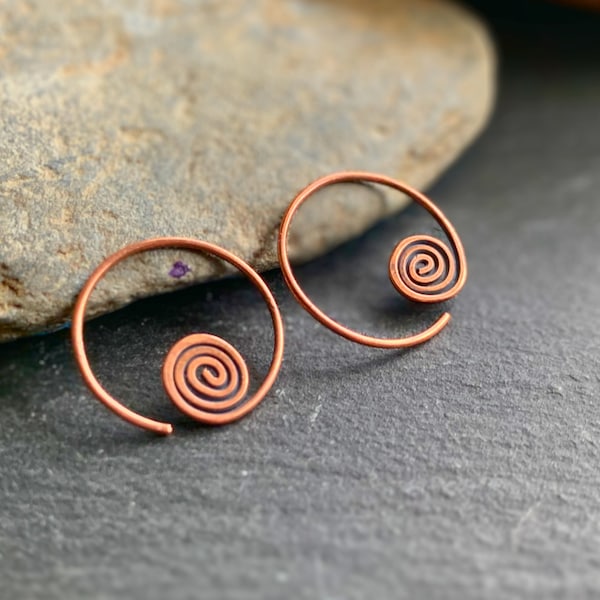 Small Sleeper Earrings - Celtic Spiral Copper Hoop Earrings - Minimalist Open Hoop Earrings