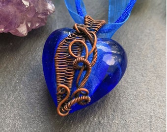 Sapphire Blue Heart Necklace - Copper and Glass Wire Wrap Statement Pendant on 20-inch Ribbon Necklace - Gothic Large Love Heart Necklace
