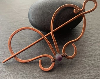 Copper Hair Stick Metal Hair Pin- Butterfly Hair Accessories Hair Stick Barrette - Two Piece Celtic Shawl Pin with Purple Focal for Knitwear