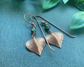 Moss Agate and Copper Long Leaf Earrings - Semi Precious Stone Earrings - Enchanted Forest Jewelry, Pagan Earrings, Celtic Inspired Earrings