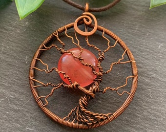 Strawberry Full Moon Tree of Life Necklace, Yggdrasil Necklace on Adjustable Cotton Cord, Norse Pagan Occult Jewellery Protection Amulet