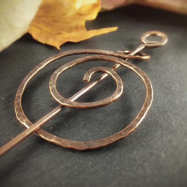 Celtic Shawl Pin - Large Two Piece Copper Spiral Scarf Pin Brooch for Knitwear - Versatile Hammered Metal Hair Stick Pin