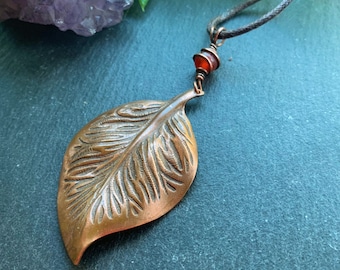 Carnelian and Copper Leaf Pendant - Enchanted Forest Necklace - Wiccan Necklace Protection Amulet - Celtic Norse Pagan Jewellery - Gift Set