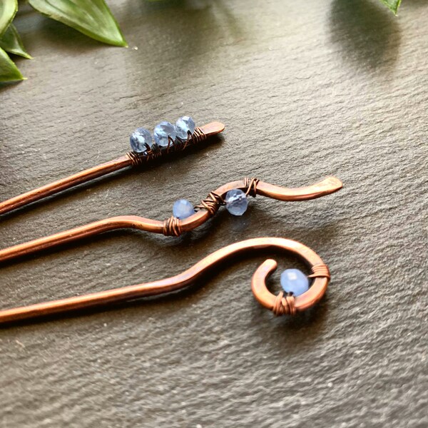 Crystal Hair Sticks Set of 3 - Genuine Copper Hair Stick Metal Hair Pin -  Minimalist Celtic Hair Accessories, Choose 4, 5, 6 or 7 inches