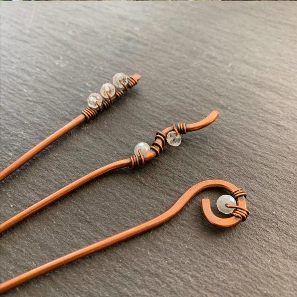 Crystal Hair Sticks Set of 3 - Genuine Copper Hair Stick Metal Hair Pin -  Minimalist Celtic Hair Accessories, Choose 4, 5, 6 or 7 inches