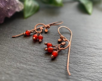 Carnelian Earrings - Copper and Red Carnelian Dangle Earrings - Celtic Earrings for the Modern Witch - Dainty Gemstone Earrings