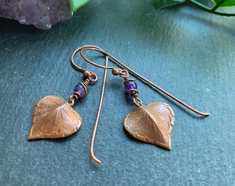 Amethyst and Copper Long Leaf Earrings - Semi Precious Stone Earrings - Enchanted Forest Jewelry - Pagan Earrings - Celtic Inspired Earrings