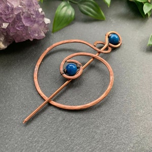 Large Celtic Brooch - Two Piece Spiral Shawl Pin for Knitwear with Blue Agate - Hammered Metal Hair Stick Pin Barrette for Long Hair