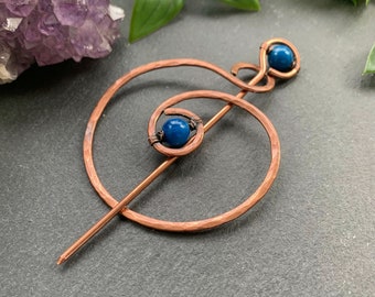 Large Celtic Brooch - Two Piece Spiral Shawl Pin for Knitwear with Blue Agate - Hammered Metal Hair Stick Pin Barrette for Long Hair